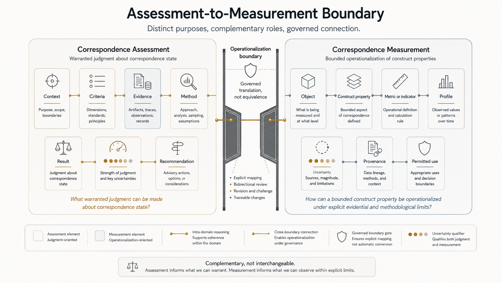 Figure 13.1 - Assessment-to-Measurement Boundary. Assessment and measurement are related but distinct: judgment interprets correspondence state, while measurement operationalizes bounded construct properties under explicit evidential and methodological limits.