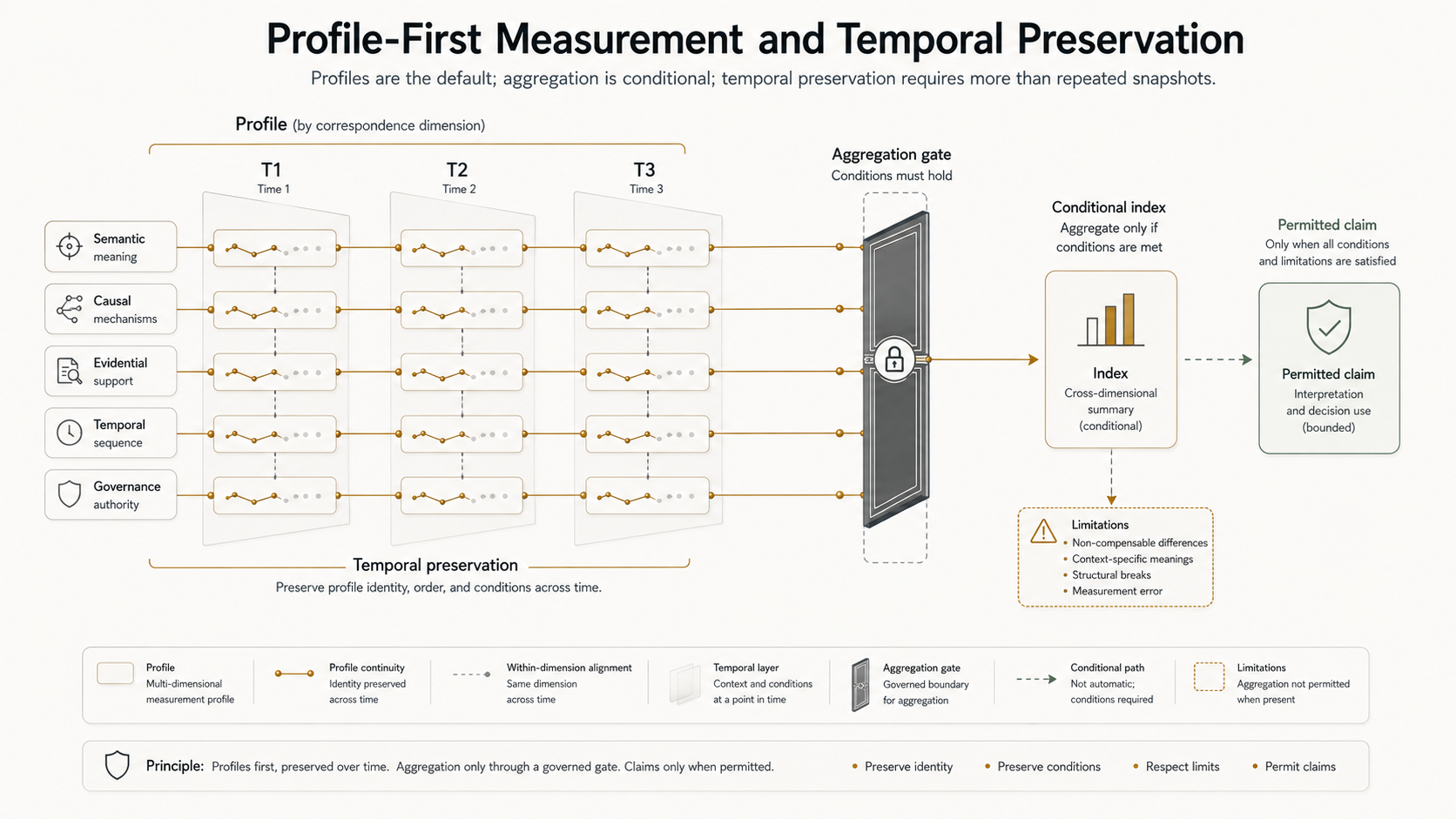 Figure 15.1 - Profile-First Measurement and Temporal Preservation. Correspondence Measurement should preserve profiles and temporal conditions before any aggregation claim is permitted.