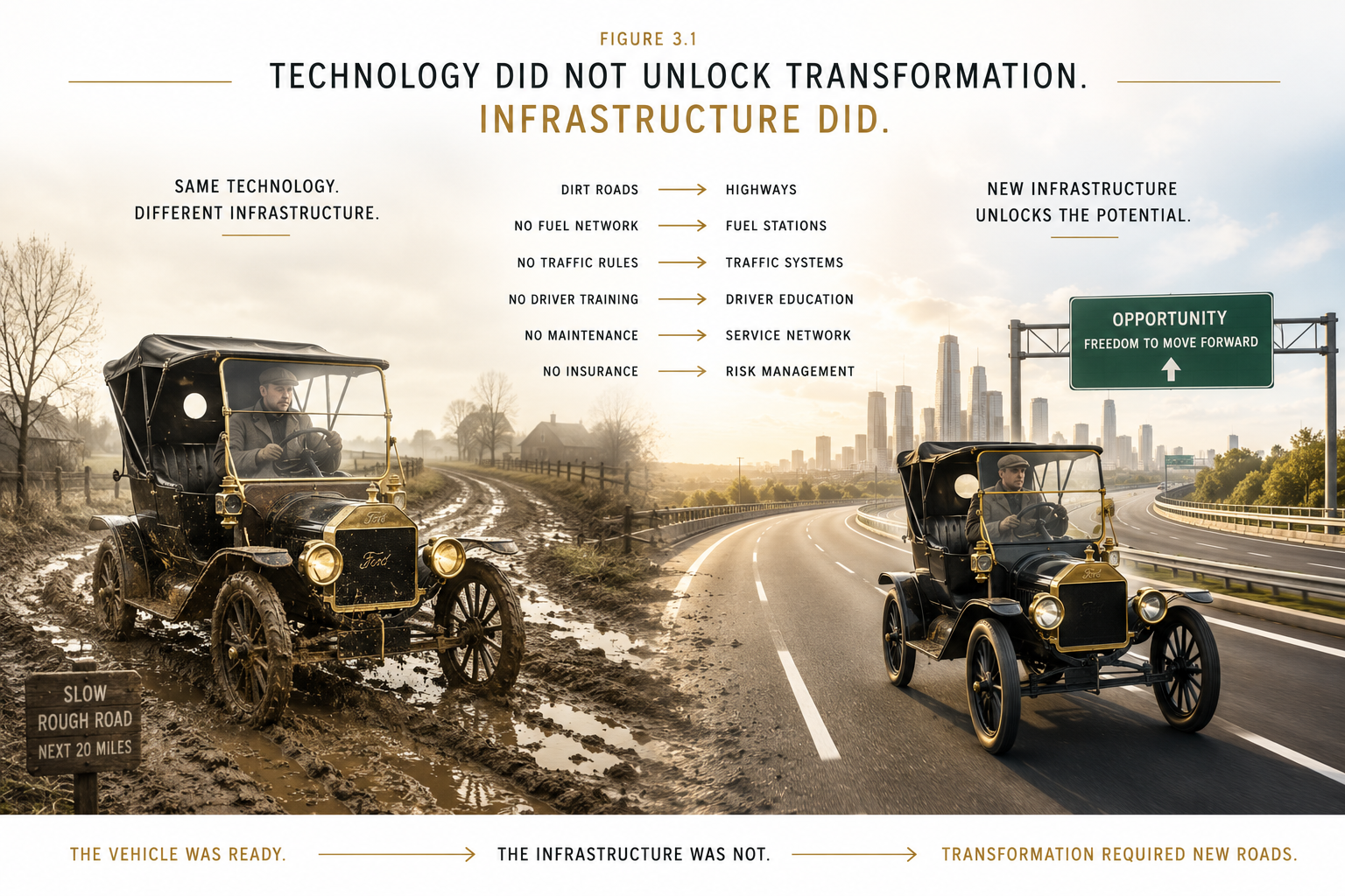 Figure 3.1 - Technology Did Not Unlock Transformation. Infrastructure Did.. The same automobile produced radically different outcomes once the surrounding infrastructure evolved.